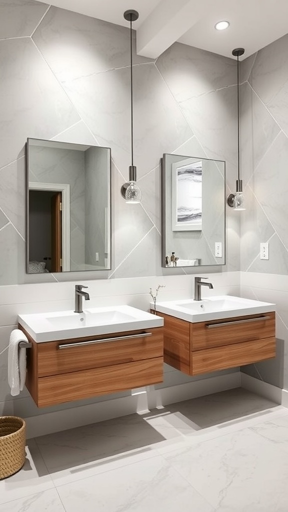 A modern bathroom with chic floating vanities, featuring two sinks, wooden cabinetry, and elegant mirrors.