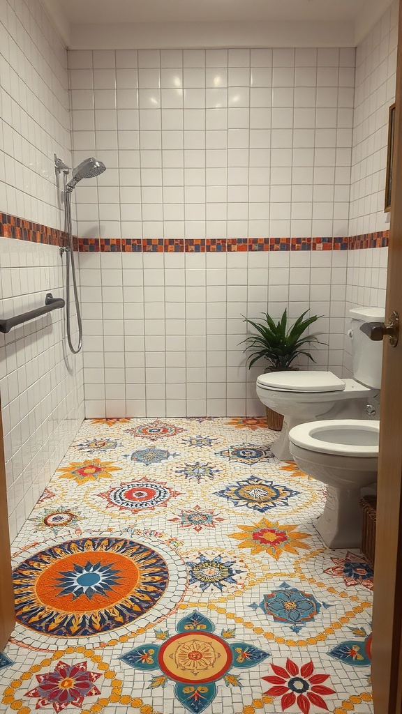 Mosaic patterned bathroom floor with colorful tiles and white tiled walls