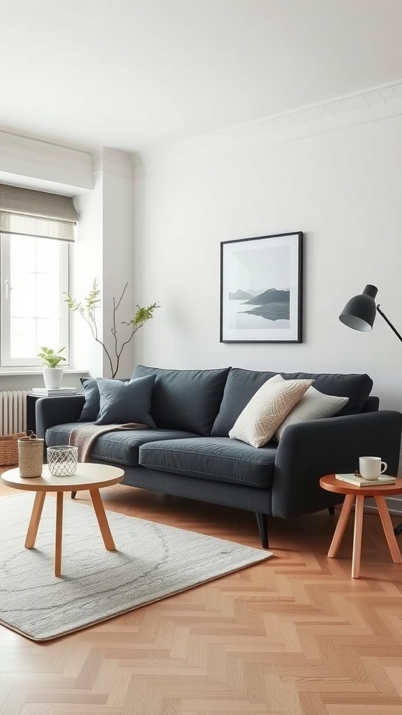 Chic Scandinavian living room featuring a dark gray couch, wooden coffee tables, and natural light from a window.