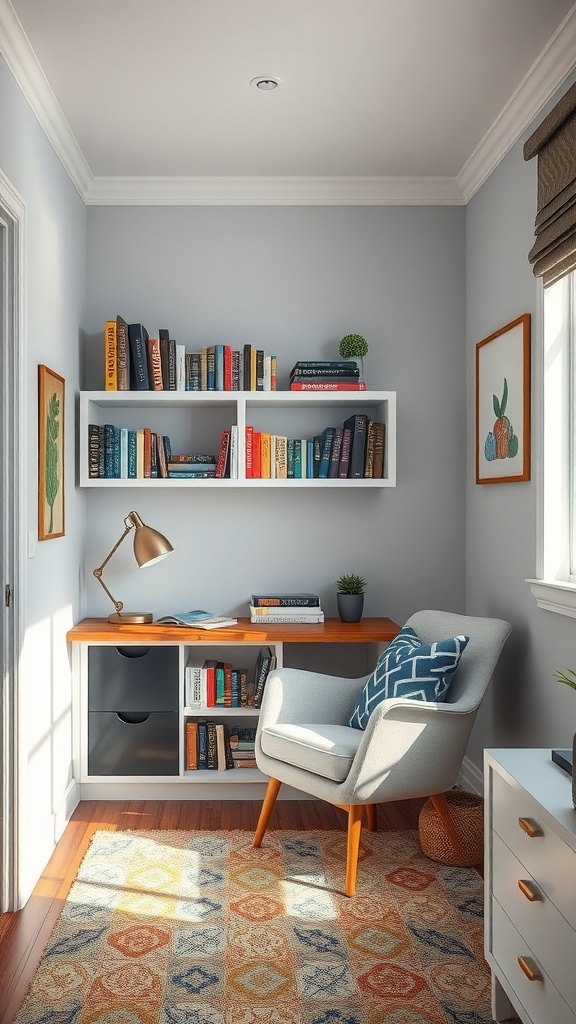 A chic study nook with light gray walls, a wooden desk, open bookshelves filled with colorful books, a stylish lamp, and a comfortable chair.
