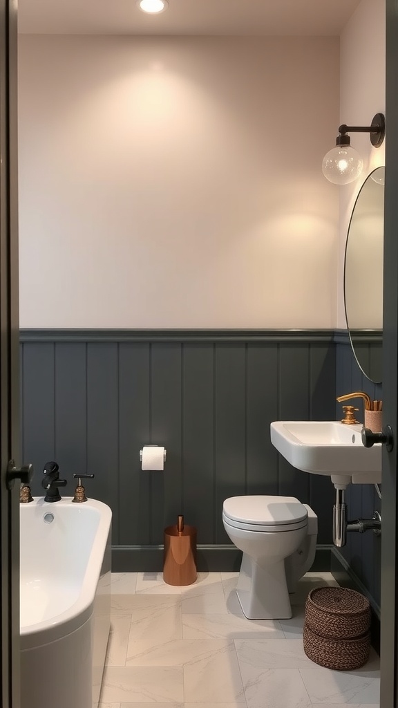 A chic bathroom featuring two-tone paint with a light beige upper wall and dark blue paneling.