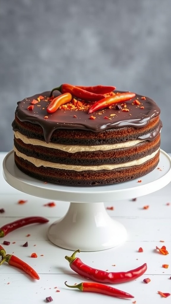 A stylish chili chocolate cake topped with red chilies on a white cake stand.