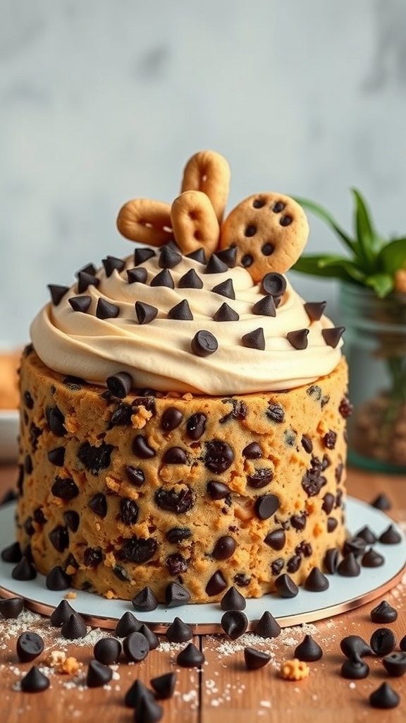 A Chocolate Chip Cookie Dough Cake decorated with chocolate chips and cookie pieces