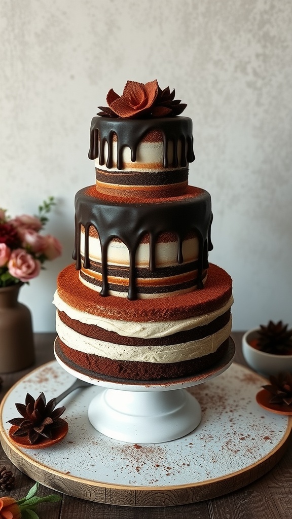 Three-tiered Chocolate Mexican Wedding Cake with dark chocolate ganache and decorative flower on top.