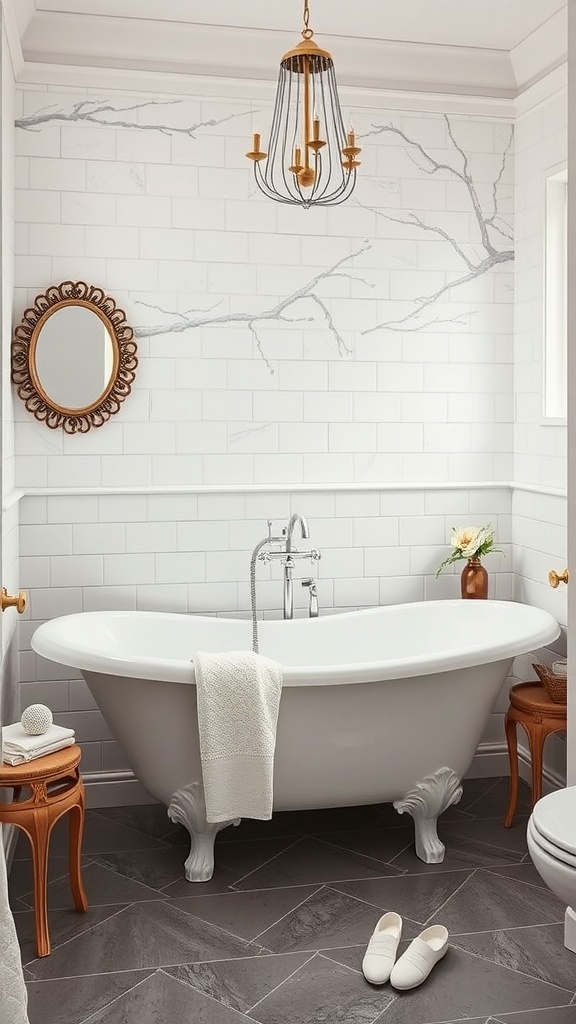 A stylish small bathroom featuring a stand-up white bathtub on claw feet, herringbone tiles, and elegant decor.