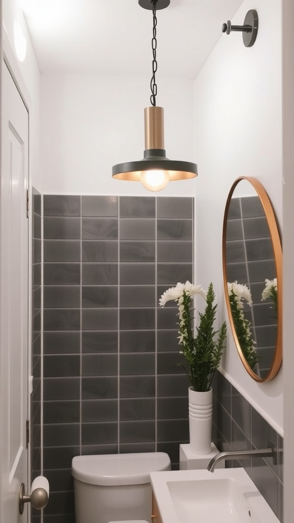 Stylish bathroom with a pendant light fixture, dark gray tiles, and a modern sink.