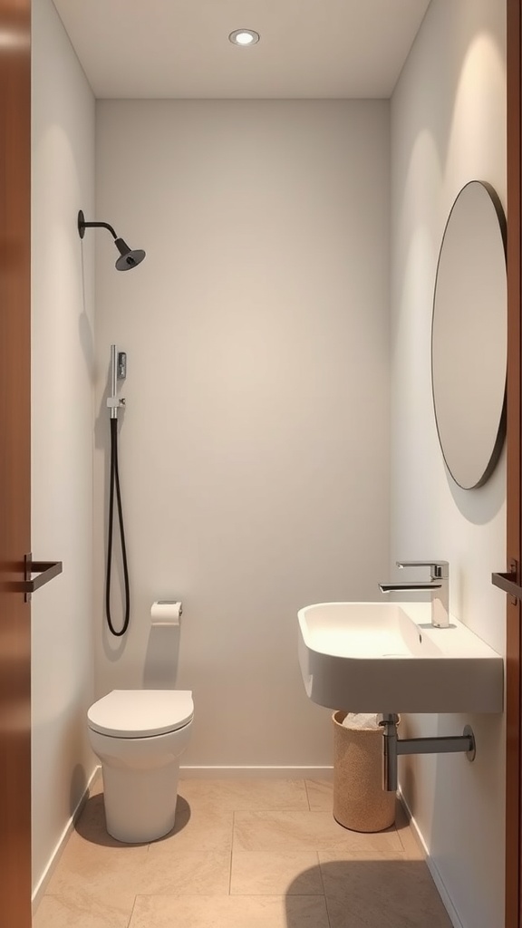 A minimalist bathroom featuring a wall-mounted sink, compact toilet, sleek showerhead, and a round mirror, all in a clean, modern design.