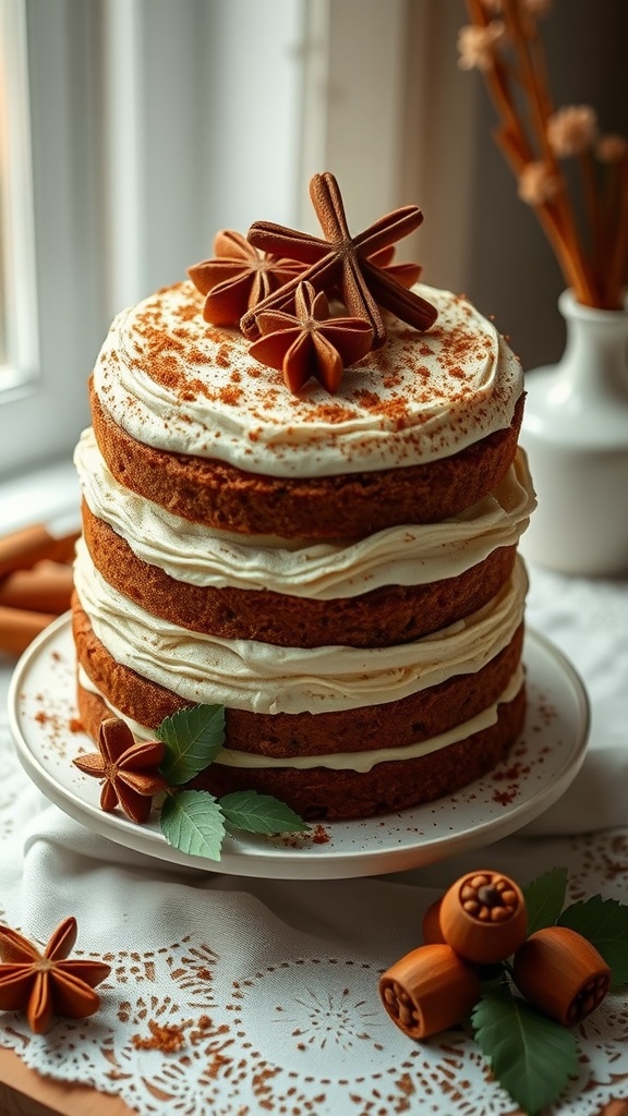 A three-layer cinnamon and nutmeg infused cake, decorated with star anise and cinnamon sticks, sitting on a lace tablecloth.