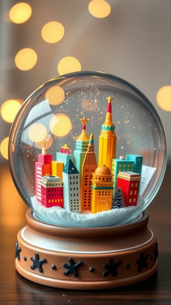 A colorful city skyline snow globe with various buildings and glitter.