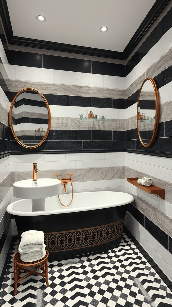 A modern bathroom featuring black and gray striped tiles, a black bathtub with gold accents, and chevron-patterned flooring.