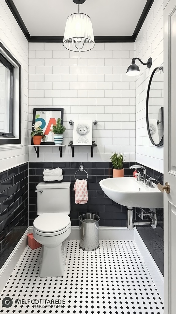 A stylish black and white kids bathroom featuring subway tiles, playful decor, and a classic floor