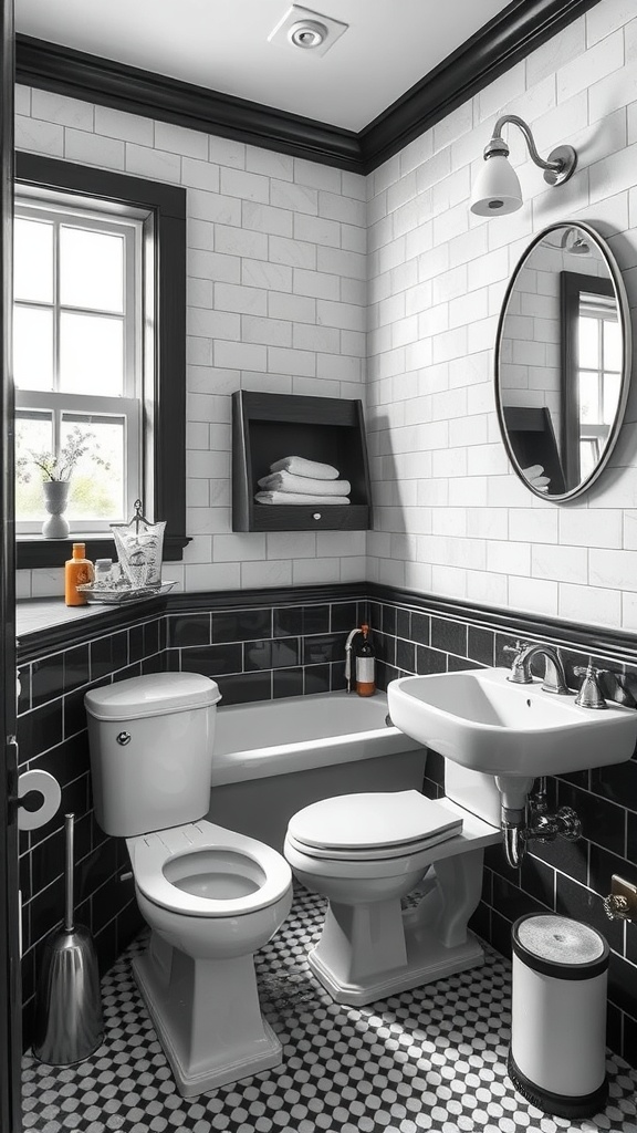 A classic black and white bathroom featuring a combination of glossy white tiles and deep black accents, a circular mirror, and decorative elements.