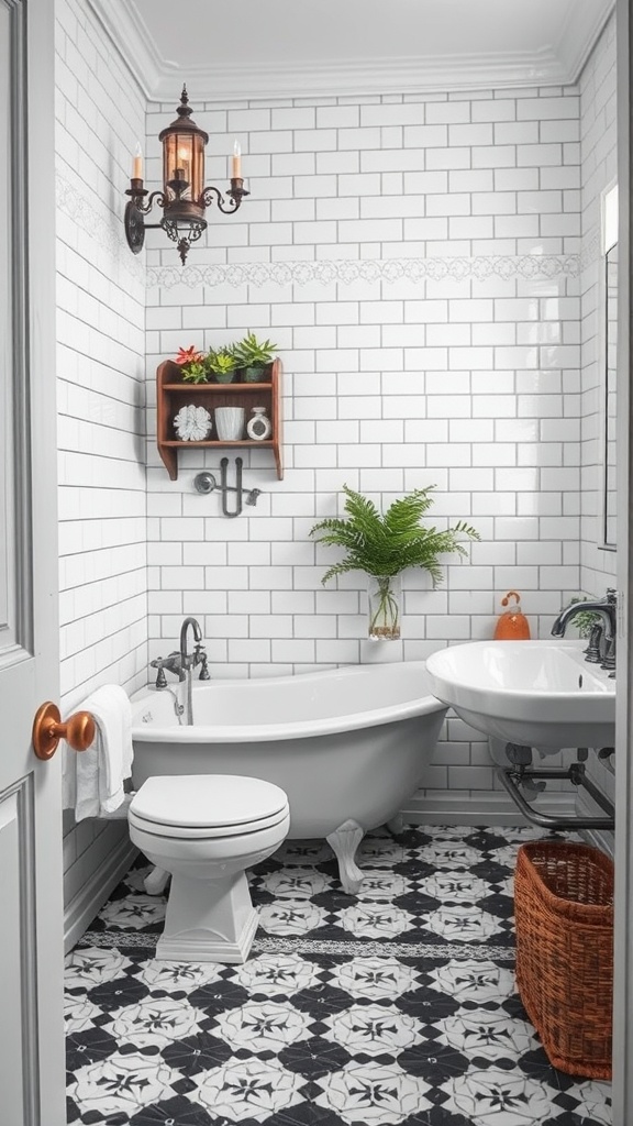 A stylish bathroom with black and white patterned tiles, white subway tiles on the walls, a clawfoot bathtub, and decorative plants.