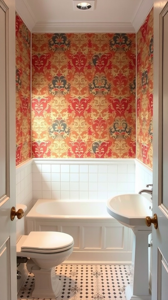 A small bathroom with classic damask wallpaper in red and gold, featuring a white toilet and sink.