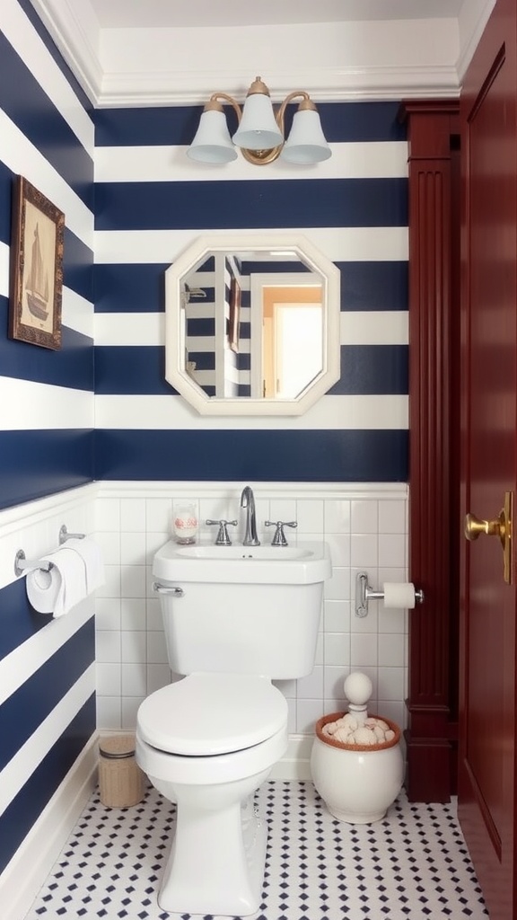 A classic nautical-themed bathroom with navy and white striped walls, a white toilet, and a decorative plant pot.