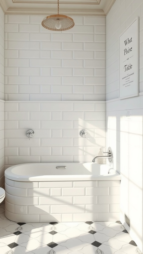 A bright bathroom featuring classic porcelain tiles, an elegant bathtub, and natural light.