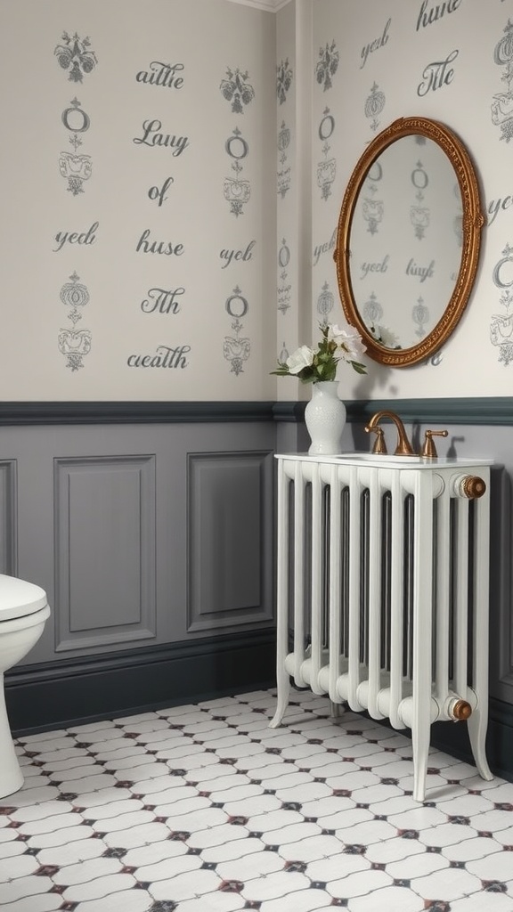 Victorian bathroom featuring a classic white radiator, ornate mirror, and patterned flooring.