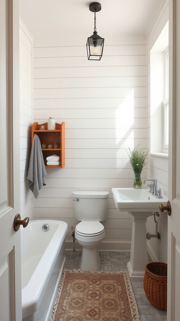 A bright and inviting bathroom with classic shiplap walls, featuring a bathtub, toilet, and sink with stylish decor.