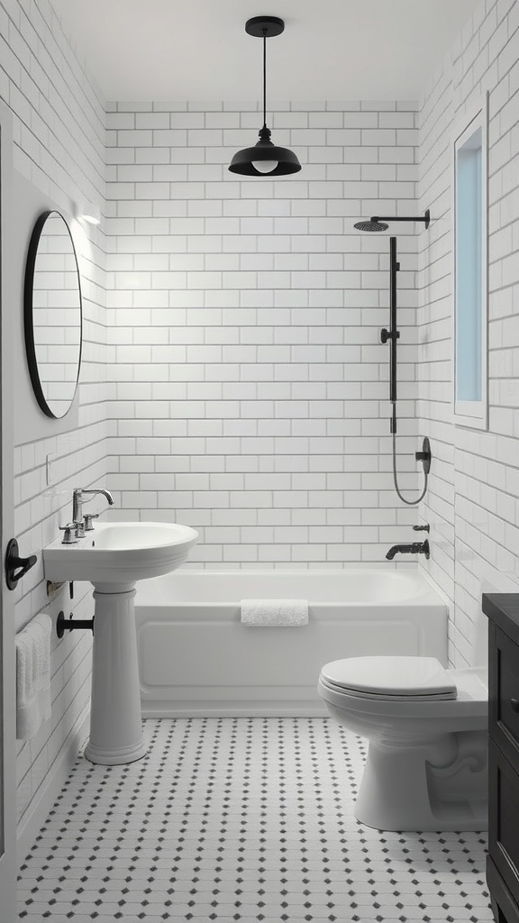 A modern bathroom with classic subway tile walls and dark fixtures.