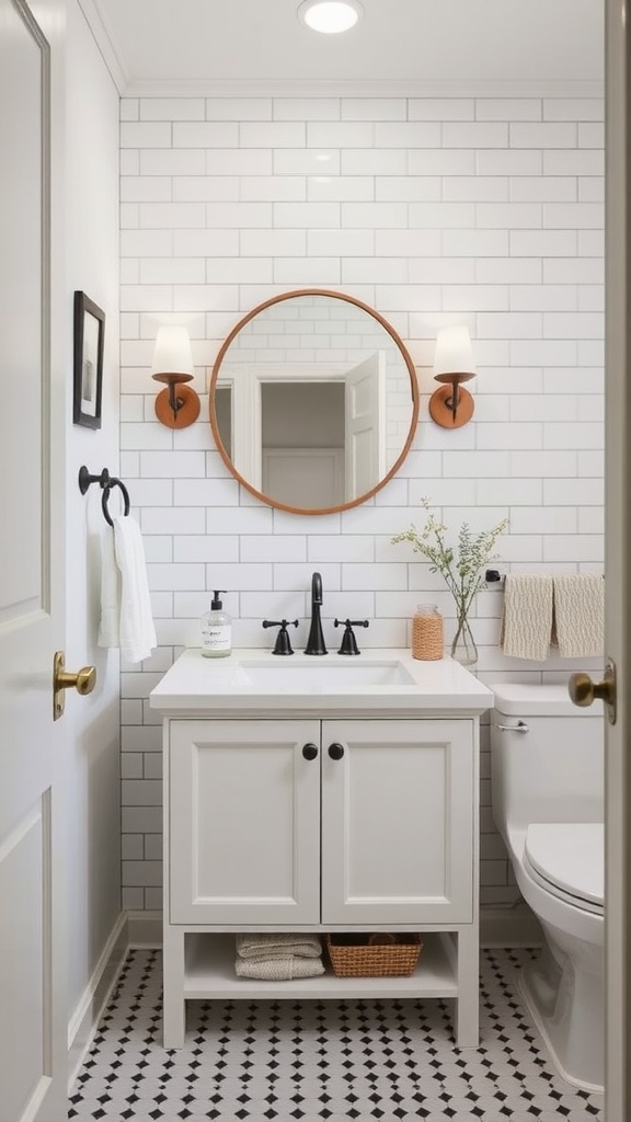 A bathroom featuring classic white subway tiles, a round mirror, and stylish fixtures