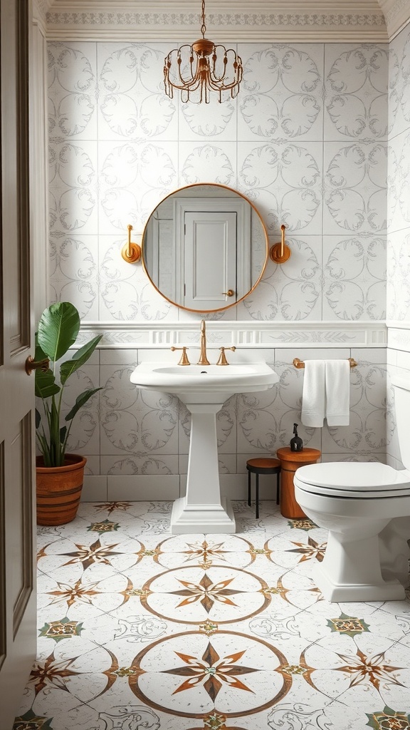 A stylish bathroom featuring classic terrazzo flooring with intricate patterns, elegant fixtures, and greenery.