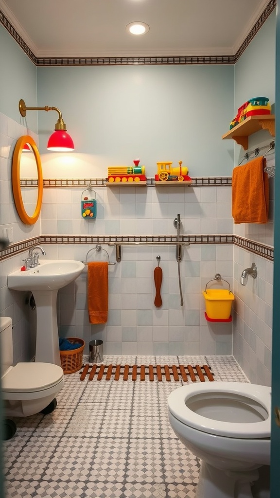 A kids' bathroom featuring a classic toy train theme with bright colors and playful decor.