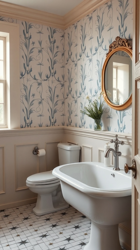 A Victorian bathroom featuring classic wainscoting, floral wallpaper, and vintage fixtures.