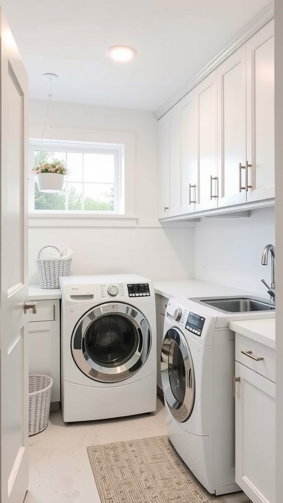 A bright and modern laundry room featuring classic white cabinets and sleek appliances.