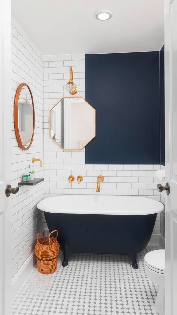 Bathroom featuring classic white subway tiles, navy accent wall, gold fixtures, and a stylish design.