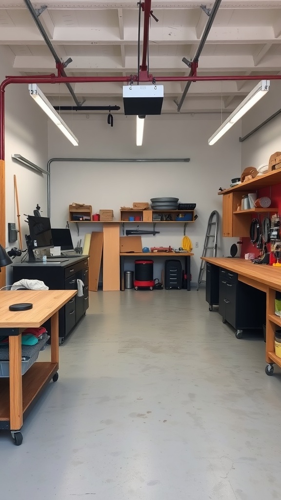 A spacious garage workshop with organized workstations and clear pathways for movement.