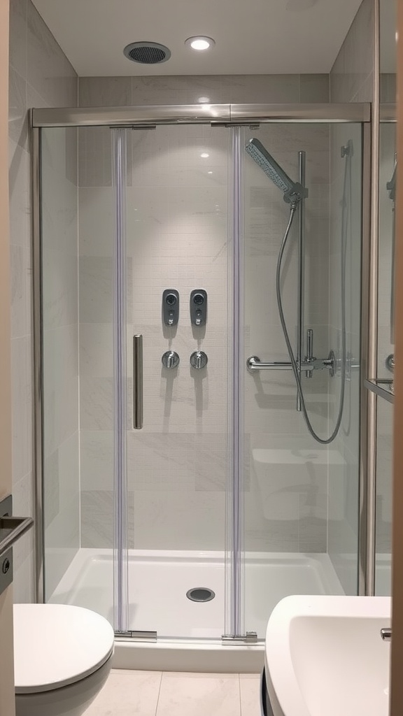 Modern bathroom with clear shower screens and minimalistic design.