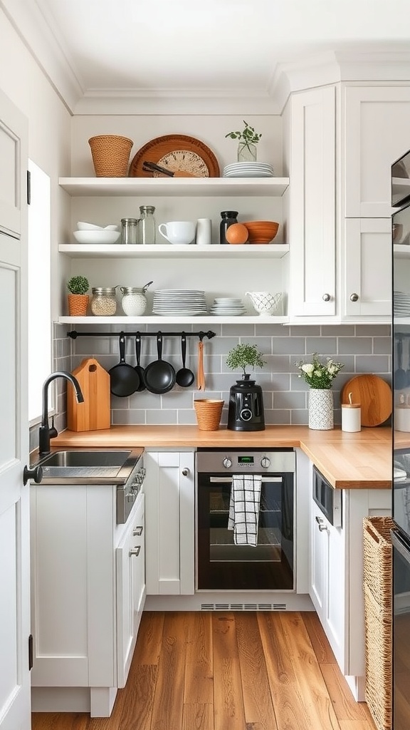 A small cottage kitchen featuring clever storage solutions including open shelving, hanging pots, and organized jars.