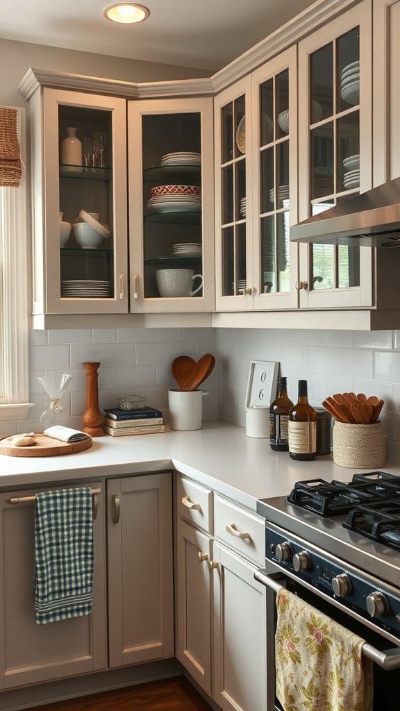 A cozy cottage kitchen featuring corner cabinets with glass doors, showcasing dishes and a decorated countertop.