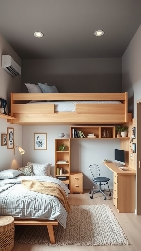 A modern teen bedroom featuring a lofted bed and a cozy study area below.