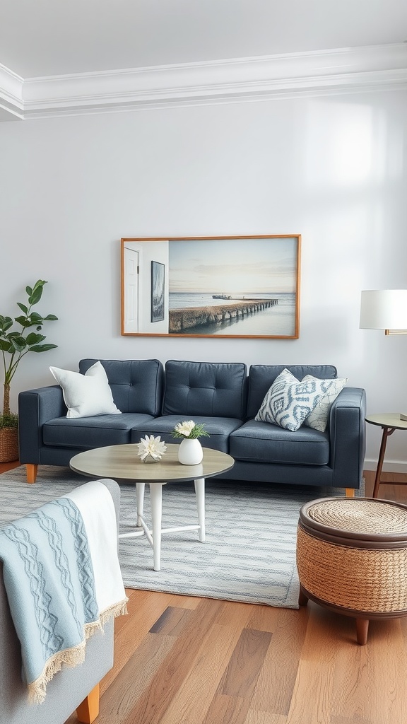 Cozy living room featuring a dark gray couch, decorative cushions, and coastal-themed decor.