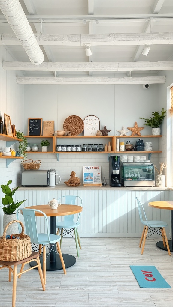 Coastal themed coffee shop interior with light blue walls, wooden shelves, and beach decor.