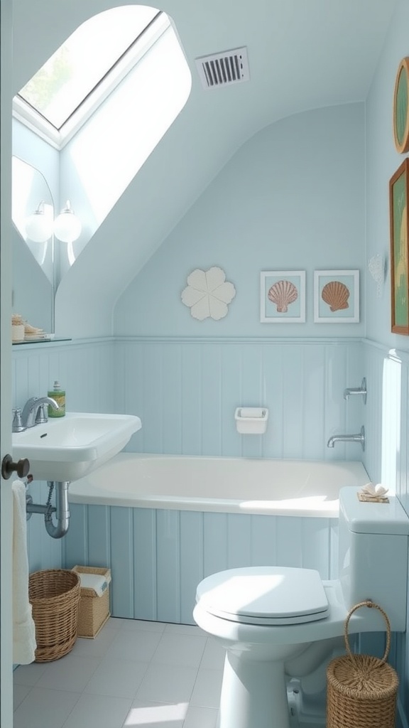 Light blue coastal bathroom with a skylight, featuring nautical decor and a bathtub.