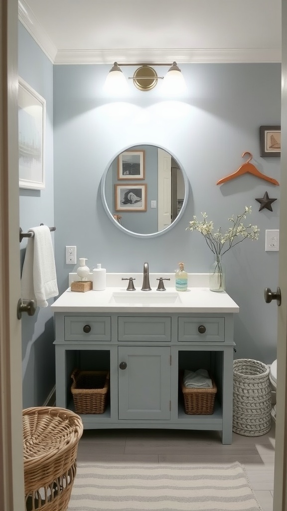 Coastal retreat bathroom vanity with soft blue accents, white countertop, round mirror, and decorative elements.