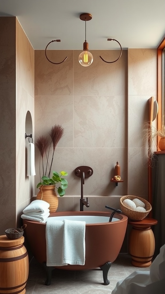 Cocoa brown bathtub as the focal point in a stylish bathroom with natural elements.