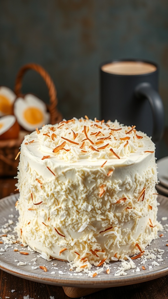 A delicious coconut cream layered cake decorated with toasted coconut on a grey plate, with a cup of coffee in the background.