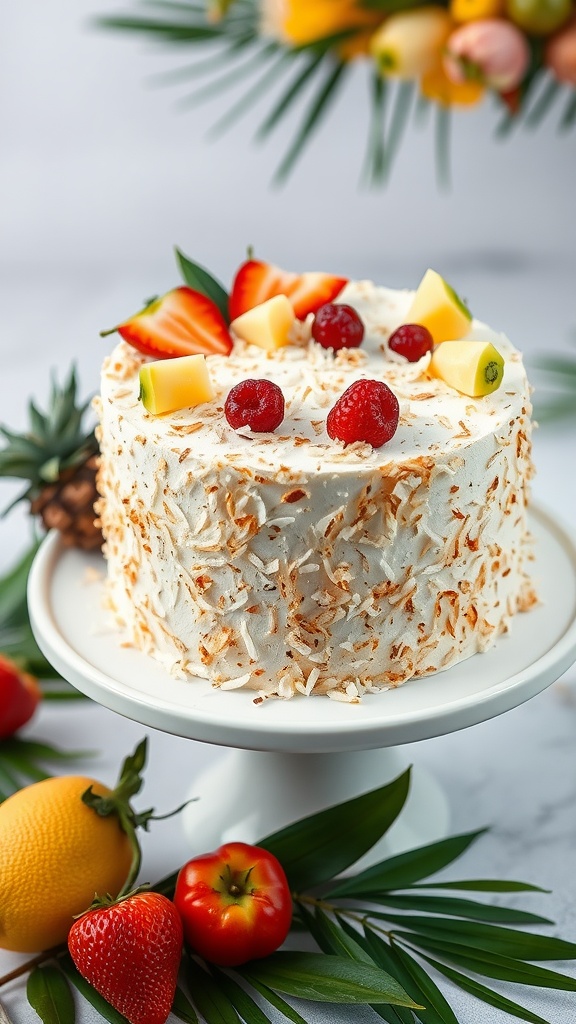 A beautifully decorated coconut flavored wedding cake with toasted coconut flakes and fresh fruits.