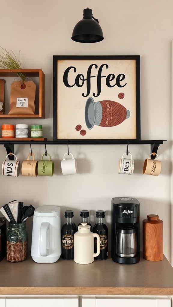 Coffee-themed wall art with a coffee cup illustration and bold lettering above a coffee bar setup.