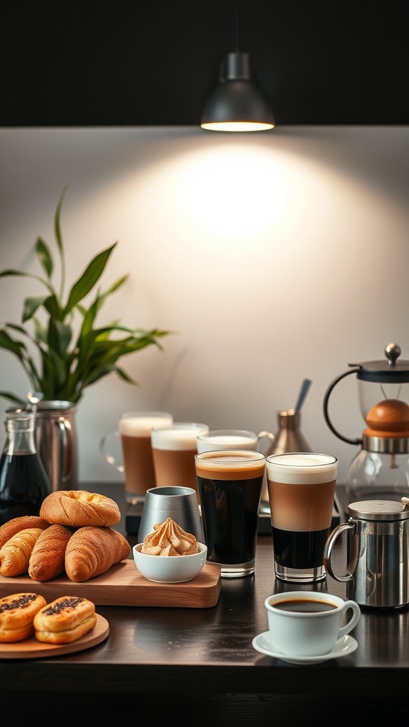 A coffee and pastry pairing station featuring various types of coffee and fresh pastries.