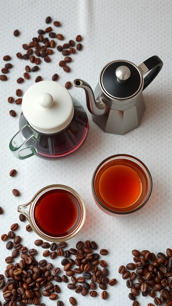 A coffee and tea setup featuring a French press, kettle, and two brewed drinks with coffee beans scattered around.