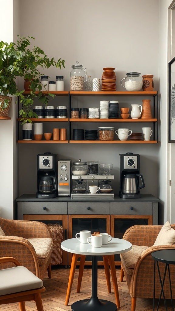 A cozy coffee and tea corner with machines, cups, and decorative shelves.