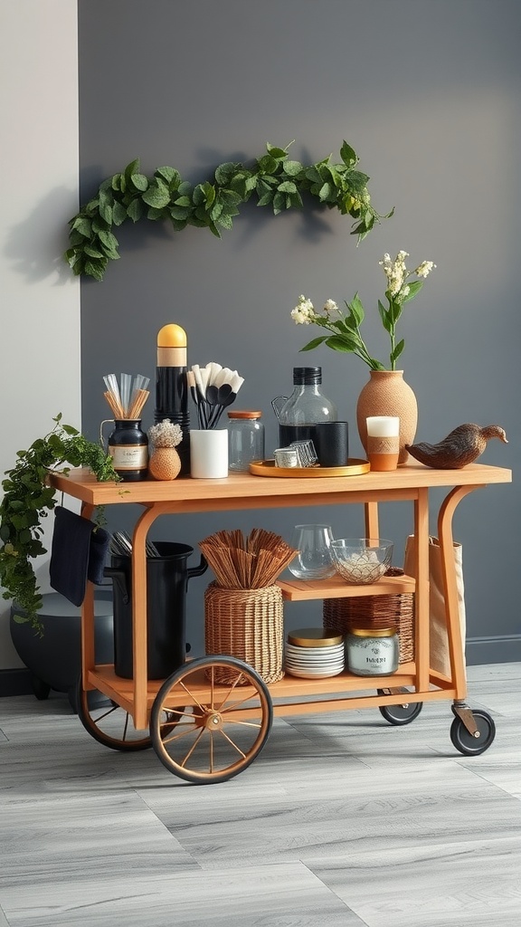 A stylish coffee cart on wheels with various coffee-making tools, decorative items, and plants.