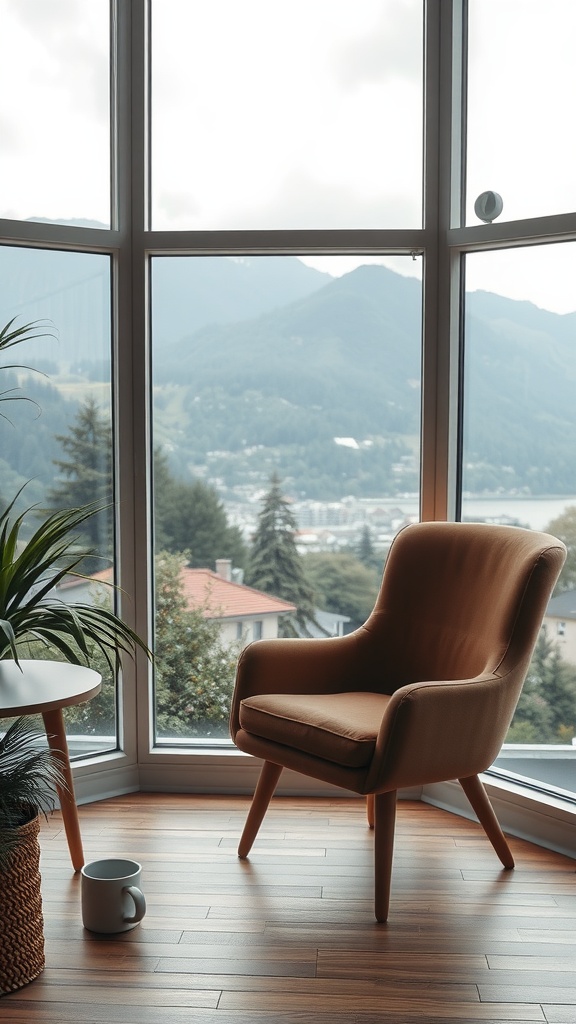 A cozy coffee corner with a view of mountains through large windows, featuring a comfortable chair, a small table, a coffee cup, and a plant.