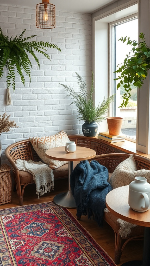 Cozy coffee corner with rattan furniture, vibrant rug, and soft textiles.