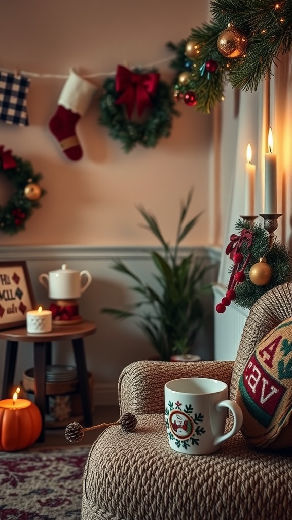 A cozy coffee corner decorated for the holiday season with candles, wreaths, and festive decor.