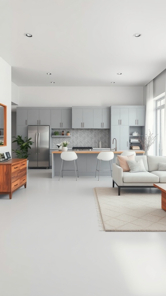 A stylish living room and kitchen setup with gray cabinets, light furniture, and wooden accents.